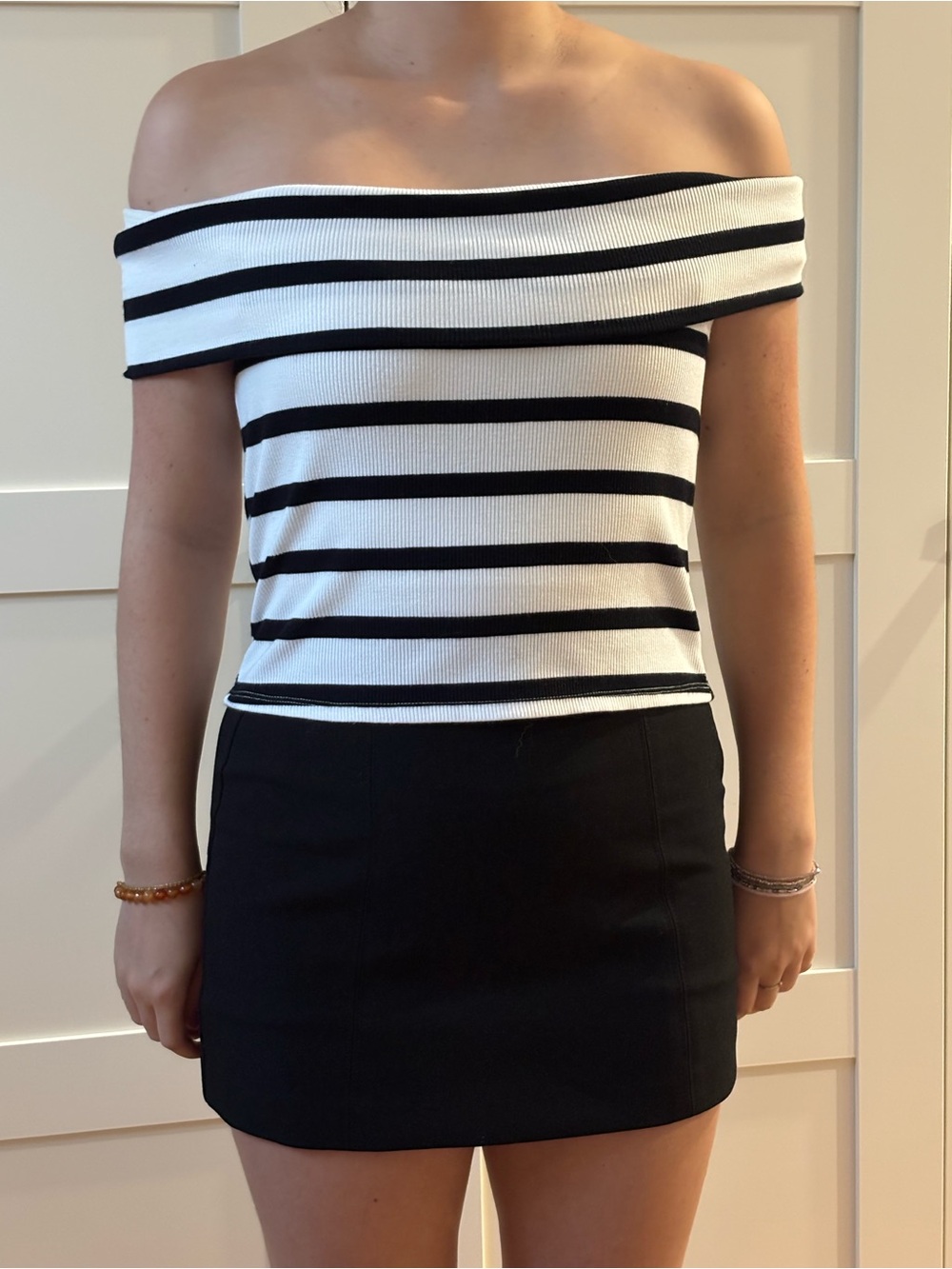 Dynamite Black and White Off-Shoulder Striped Top